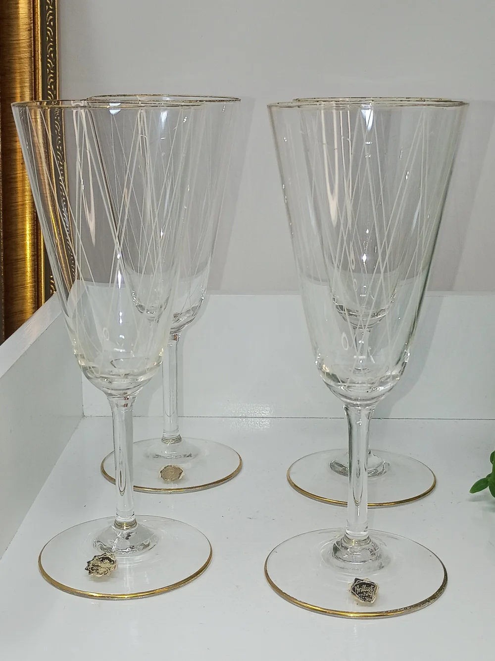 Set of 4 Gold-Trim Etched Crystal Wine Glasses